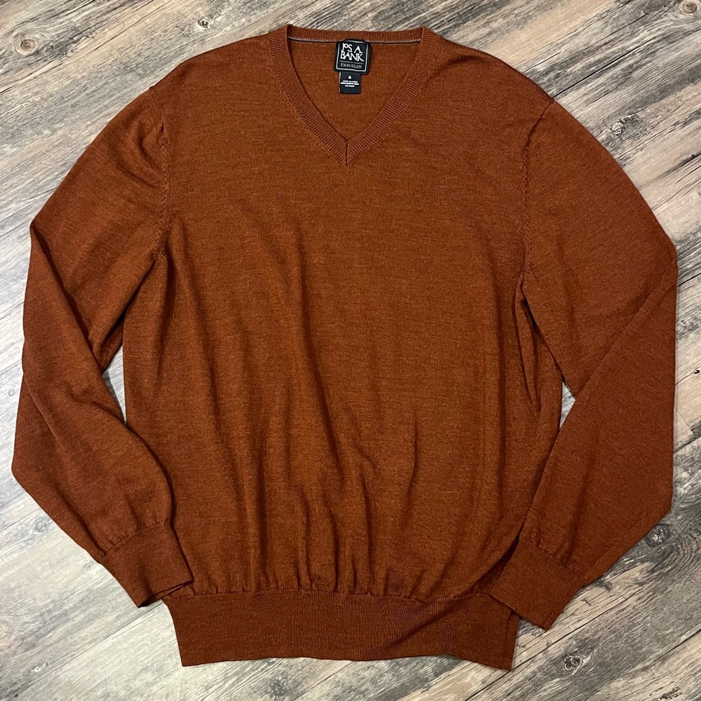 JoS A Bank Men XL  Sweater Travelers 100%‎ Merino Wool Long Sleeve V Neck Orange